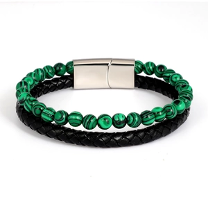 Detail view of double-layer beaded bracelet with malachite beads and black braided leather strap