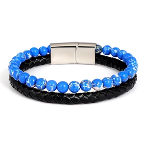 Men's double-layer bracelet with blue marble stones, black braided leather and magnetic clasp
