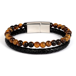 Men's double-layer bracelet with tiger eye beads and braided leather with silver clasp