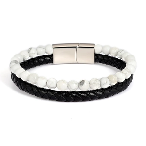 Men's double-layer bracelet with white marble beads, black braided leather, and metal clasp