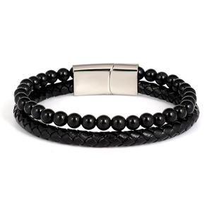 Men's double-layer bracelet with black tiger eye beads and braided leather cord and metal clasp