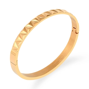 Punk style gold titanium steel bangle with geometric pyramid rivet texture and hinge