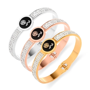 Vintage Stainless Steel Rose Flower Open Bangle With Rhinestone Enamel Inlay Spring Buckle Fashion Jewelry For Women