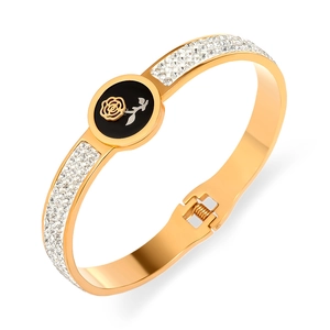 Rose flower seashell spring open bangle gold plated stainless steel bracelet with rhinestones