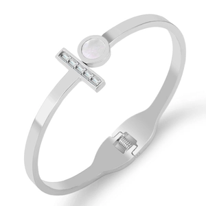 Bracelet jonc à ressort argenté avec nacre et zircons cubiques taille baguette