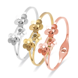 Elegant Stainless Steel Flower Bangle Bracelet For Women Gold Rose Gold Silver Rhinestone Floral Petal Opening Jewelry Gift
