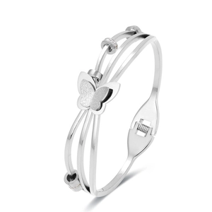 Silver triple-strand butterfly bangle with sparkling frosted finish and zircon stone beads