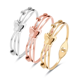 Three-strand titanium steel butterfly bangles with rhinestones in gold, silver, and rose gold
