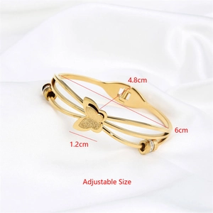 Adjustable golden stainless steel multi-layer butterfly bangle with zircon stones