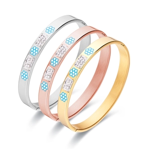 Stainless Steel Enamel Flower Bangle With Zirconia Inlay Gold Silver Rose Gold Plated Elegant Fashion Jewelry For Women