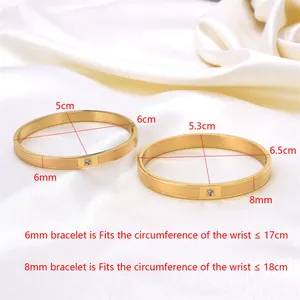 Size guide for gold frosted steel bracelets showing dimensions of 6mm and 8mm widths