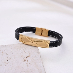 Fashionable double-layer leather bracelet with golden infinity stainless steel buckle