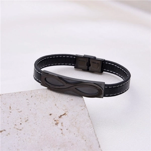 Infinity titanium steel and black leather double layer bracelet with white stitching detail