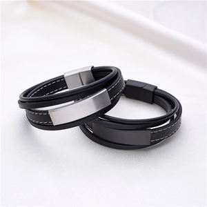 Mehrlagiges schwarzes geflochtenes Lederarmband für Herren mit Stahl- und Mattschwarz-Verschluss