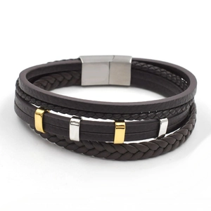 Herren Mehrlagiges Geflochtenes Lederarmband Mit Edelstahl Magnetverschluss Punk Stil Mixed Color Armreif Schmuck