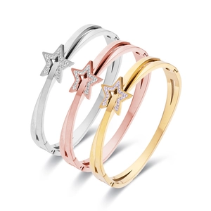 Fashion Stainless Steel Pentagram Star Zirconia Bangle For Women Cross Open Layered Rhinestone Bracelet Jewelry Gift