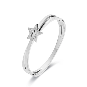 Silver star-shaped stainless steel crossover bracelet with white zircon inlay and side clasp