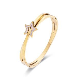 Gold-tone titanium steel star bangle with double crossed bands and inlaid rhinestones