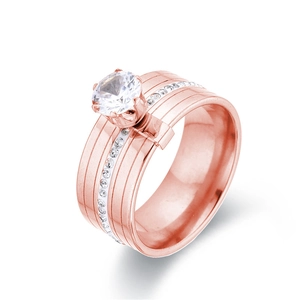 Elegante anillo de acero de titanio oro rosa con circón grande y micro-pavé