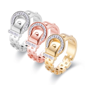 Lussuoso Anello con Fibbia della Cintura in Acciaio Inossidabile per Donna Fascia Geometrica Cava Zirconia Gioielli