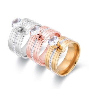 Anillo de Acero Inoxidable de Moda con Zirconia Redonda Grande Micro Pavé de Diamantes Banda Ancha Ranurada Anillo de Compromiso para Mujeres Parejas