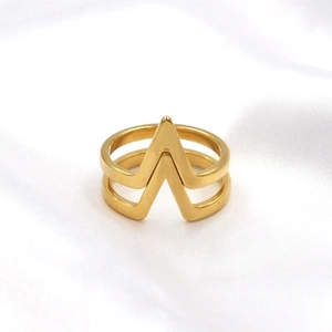 Minimalist double V-shaped gold stainless steel open ring on a white silk background