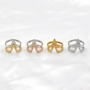 Fashion Double Layer V Shaped Stainless Steel Ring Minimalist Geometric Two Tone Gold Silver Finger Ring For Women Jewelry