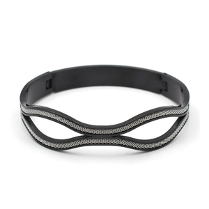 Bracelet jonc géométrique moderne en acier inoxydable noir mat avec maille argentée insérée