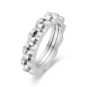 Minimalist silver wavy gear-shaped stainless steel ring with a smooth polished inner band
