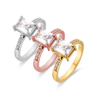 Anillo de Acero Inoxidable de Zirconia Rectangular Vintage para Mujer Corte Esmeralda Strass Incrustado Oro Plata Oro Rosa Joyería
