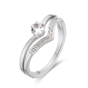 Luxuriöser doppelreihiger Edelstahlring mit rundem Zirkonia-Stein und Silber-Finish