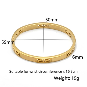 Detailed view of gold stainless steel bangle with Greek key hollow pattern and dimensions