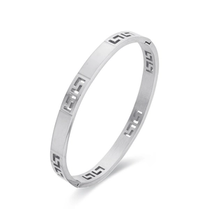 Silver titanium steel cuff bracelet featuring a hollow Greek Key pattern with side clasp