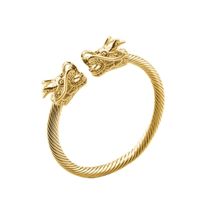 Brazalete abierto de hombre punk vintage en acero dorado con doble cabeza de dragón