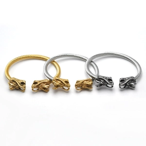 Brazaletes de cabeza de dragón punk vintage en acero inoxidable oro y plata para hombre