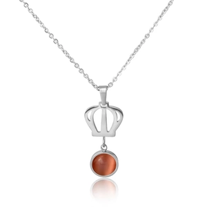 Elegant silver crown necklace with a round orange turquoise stone on a white background