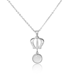 Detailed close-up of a silver hollow crown pendant necklace with a white round gemstone