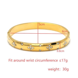 Detail van vergulde titanium stalen armband met klaverpatronen bezet met stras