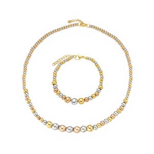 Schmuckset aus Titanstahl mit dreifarbigen Perlen in Gold, Silber und Roségold-Verlauf