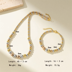 Dreifarbiges Edelstahl-Schmuckset aus Halskette und Armband mit runden Perlenperlen