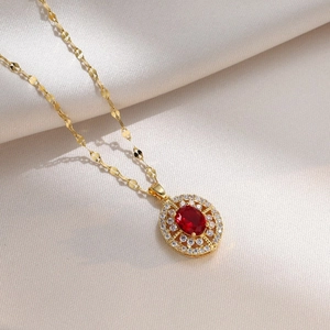 Elegant Pendant Necklace For Women Stainless Steel Red Oval Gemstone White Zircon Encrusted Hollow Vintage Style Jewelry