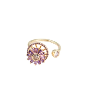 Anillo de oro ajustable con una flor de circón púrpura giratoria y una piedra central