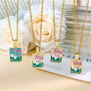 Collane rettangolari in smalto floreale con catene d'oro e perle stile Monet