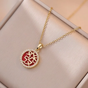 Stainless Steel Round Pendant Necklace Red Chinese Character Prosperity Zircon Inlaid Elegant Vintage Jewelry For Women