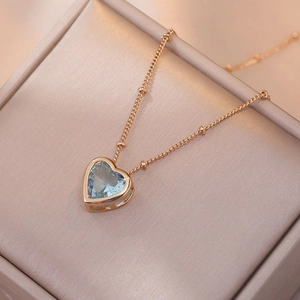 Collier Pendentif Coeur Acier Titane Zircon Bleu Plaqué Or Rose Chaîne À Billes Bijoux Mode Pour Femmes Élégant