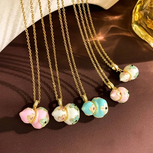 Elegant Chinese gourd pendant necklaces with colorful enamel inlay and golden chains