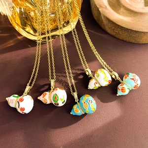 Elegant gold necklaces with colorful gourd-shaped enamel flower pendants and crystal accents