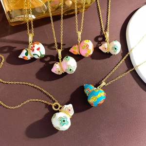 Gold Plated Stainless Steel Chain Copper Enamel Gourd Pendant Necklace Retro Oriental Lulu Floral Zirconia Jewelry For Women