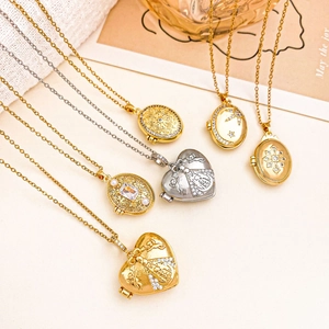 Vintage Gold Plated Copper Locket Pendant Necklace For Women Heart Oval Star Moon Ladybug Angel Engraved Fashion Jewelry