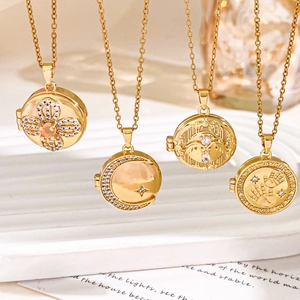 Gold clover locket necklaces with engraved details and small photo frames for women